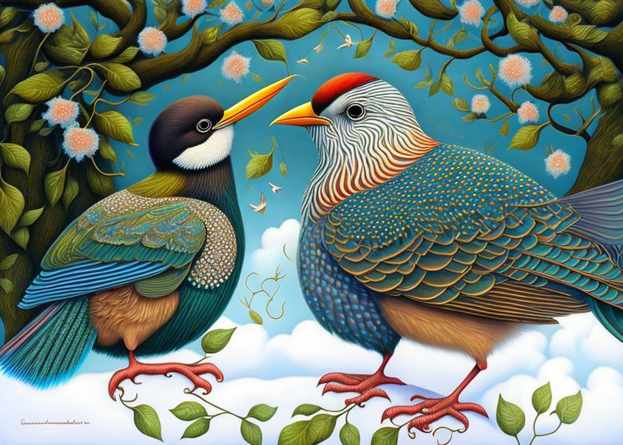 Colorful stylized birds with intricate feathers in floral setting