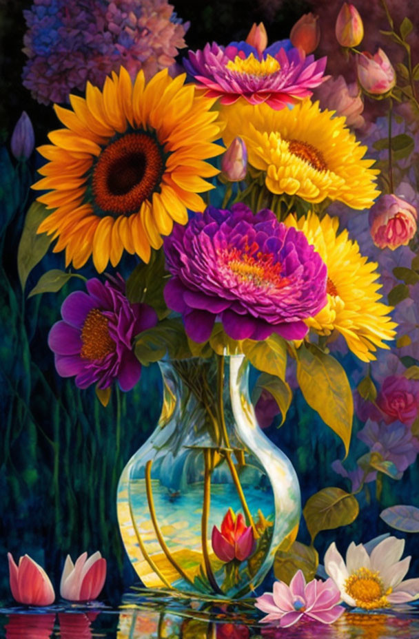 Colorful Flowers in Glass Vase Painting with Sunflowers and Peonies