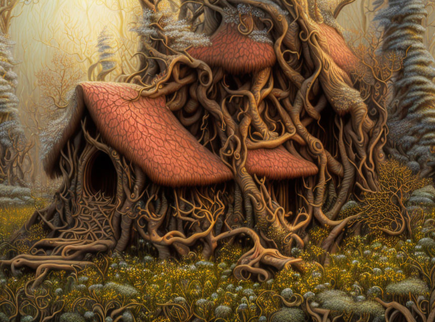 Fantastical forest scene with mushroom-shaped houses and golden ambiance