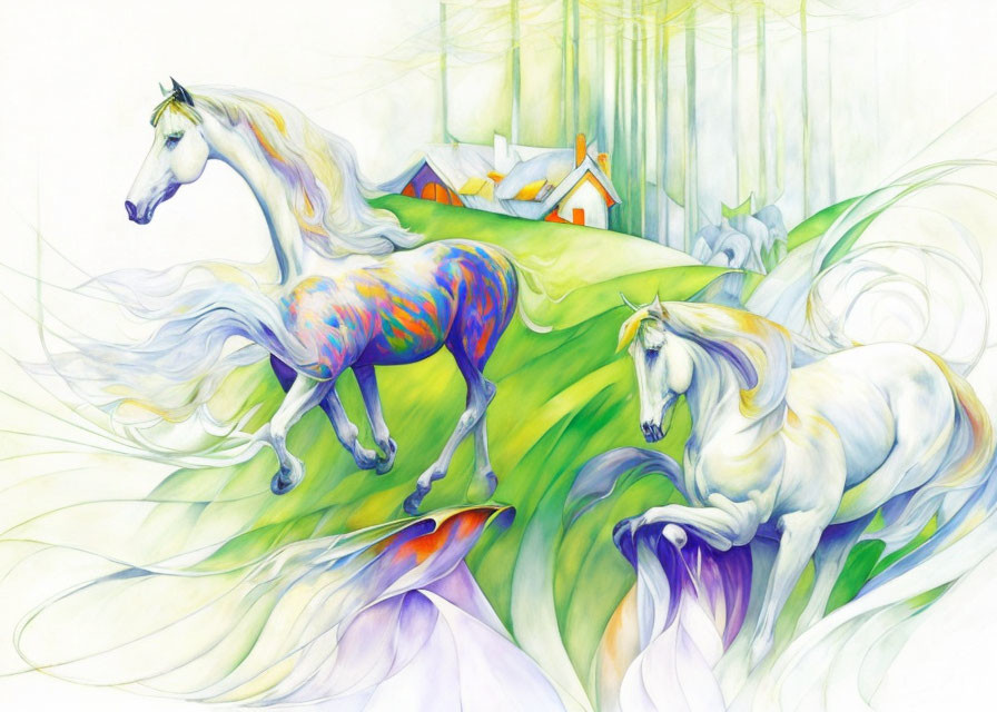 Mystical unicorns in vibrant landscape with cottage