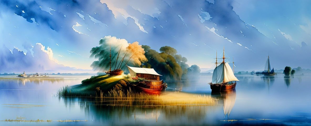 Tranquil river scene with sailing boat and houseboat under cloud-dotted sky