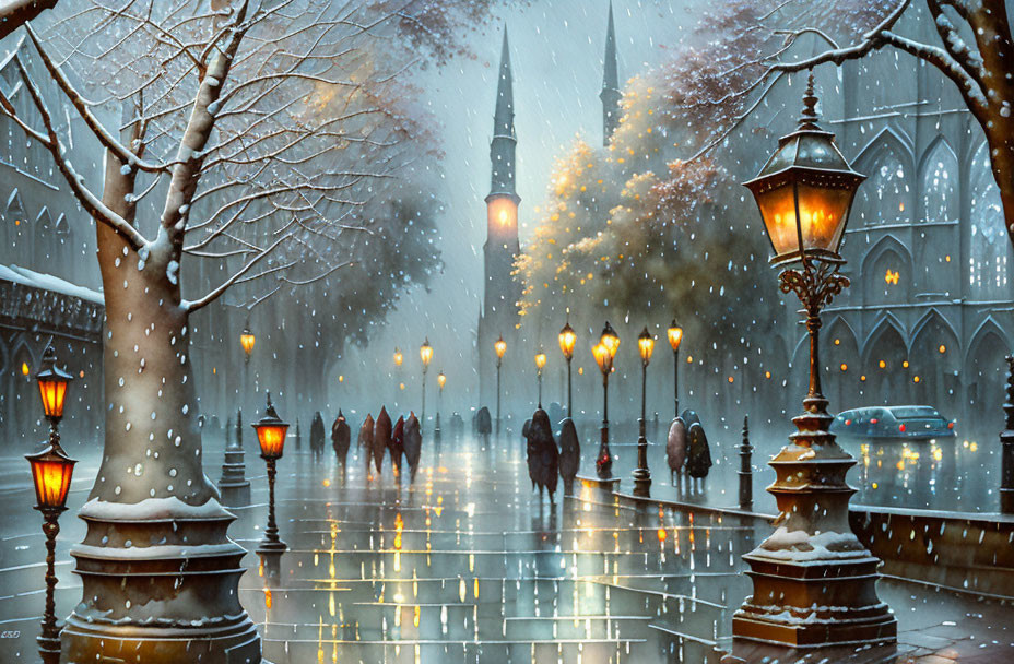 Snow-covered street at night with people walking near Gothic architecture