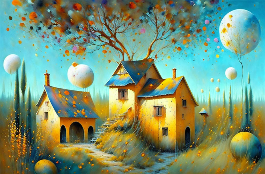 Whimsical landscape with yellow cottages, colorful tree, and oversized balloons