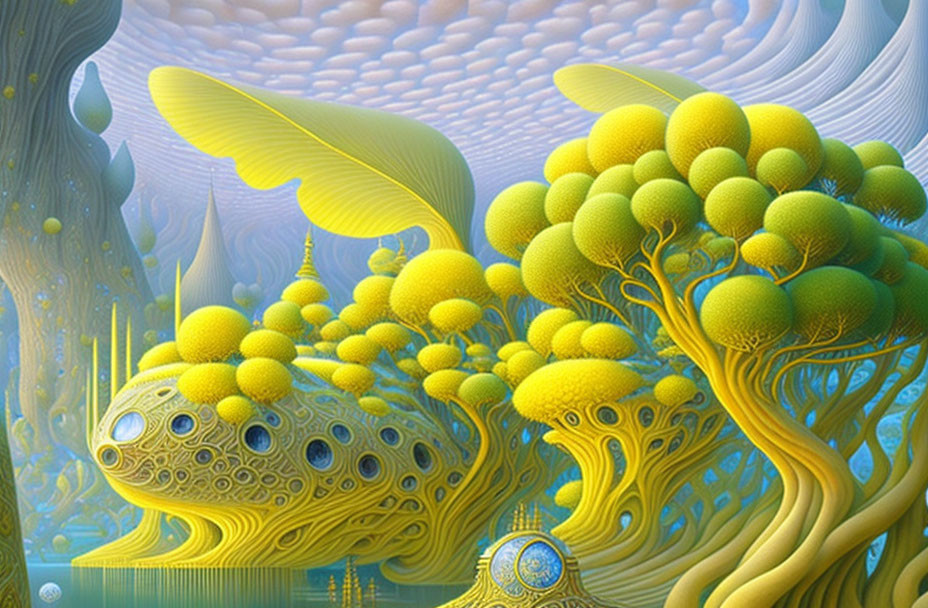 Surreal Landscape with Organic, Fractal-like Structures in Yellow and Green