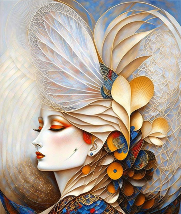 Woman with Feather and Floral Headdress in Cream, Blue, and Orange Palette