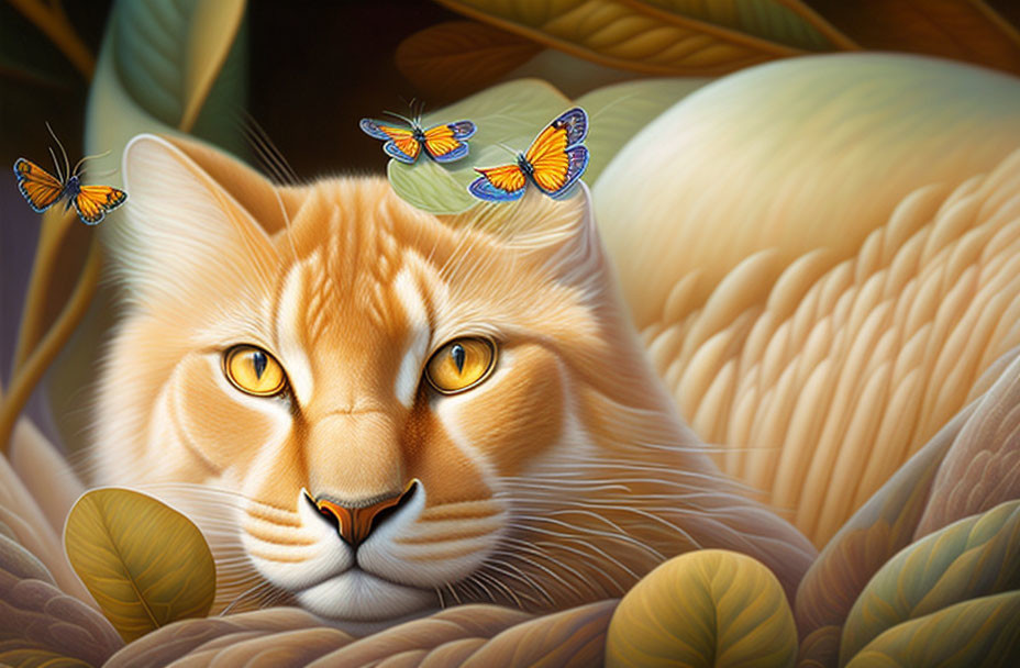 Digital painting featuring orange tabby cat with yellow eyes and butterflies among leaves