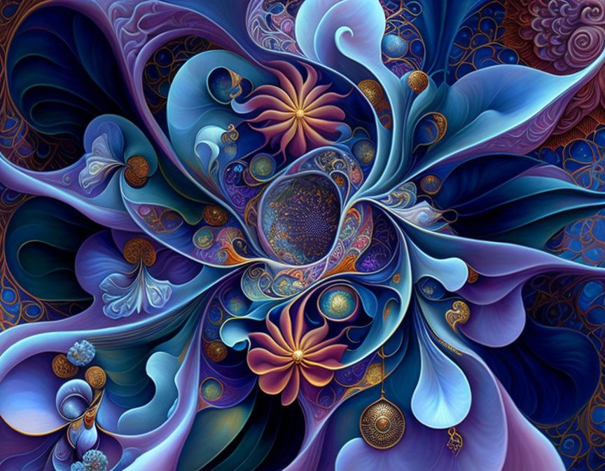 Colorful digital artwork with swirling floral patterns in blue, purple, and gold