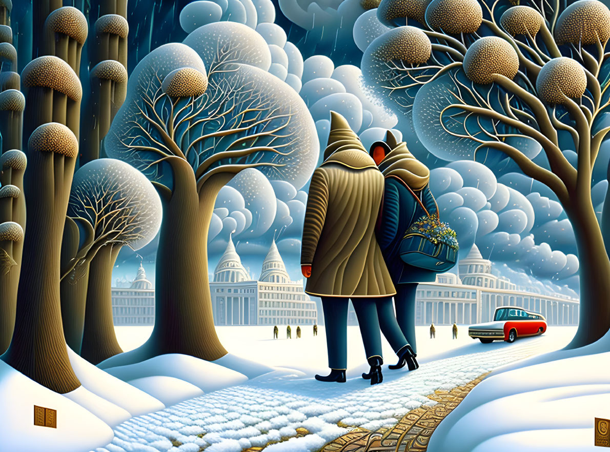 Surreal winter scene with couple, surreal trees, snow-covered buildings, and red car