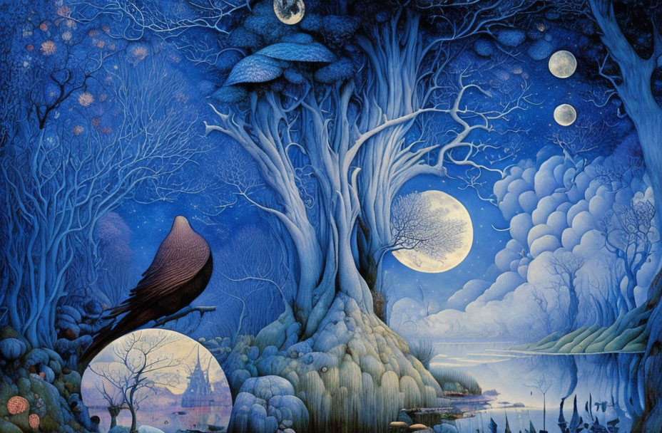 Fantastical landscape with large tree, eagle, moons, castle in blue and purple hues