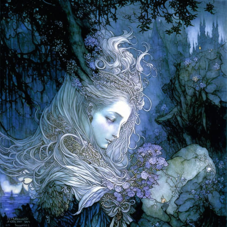 Fantasy illustration of woman with silver hair in blue forest