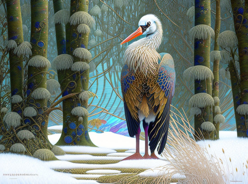 Colorful Stylized Bird in Fantasy Forest with Patterned Trees