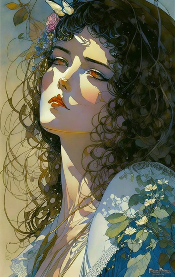 Illustration: Woman with Curly Hair, Floral Adornments, Contemplative Expression