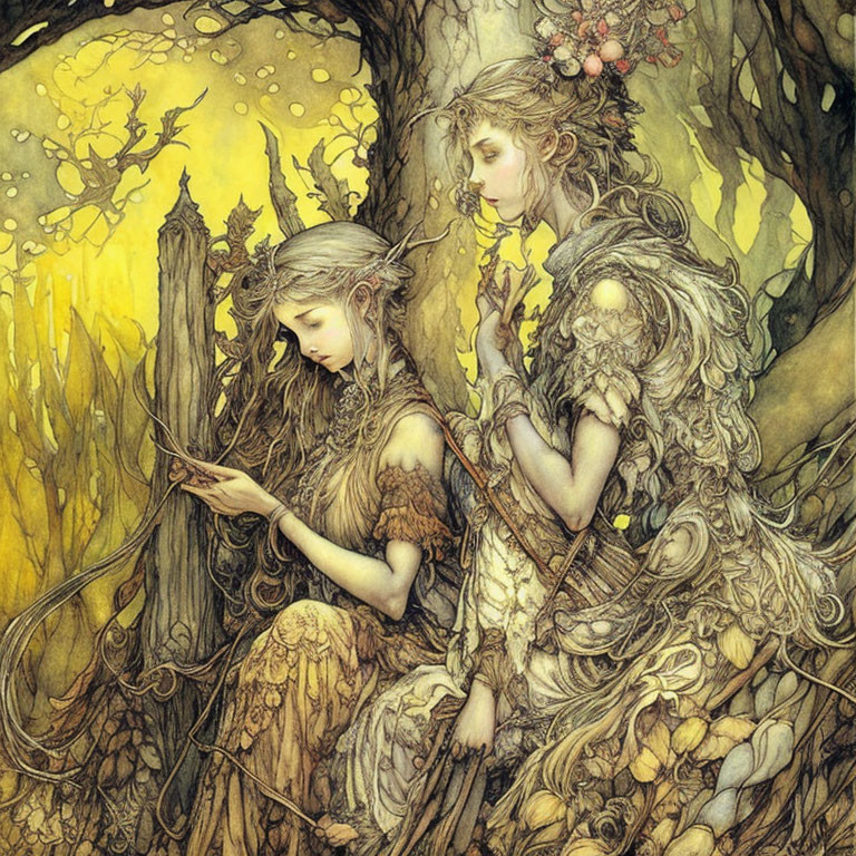 Ethereal woodland figures in intricate attire amidst golden forest ambiance