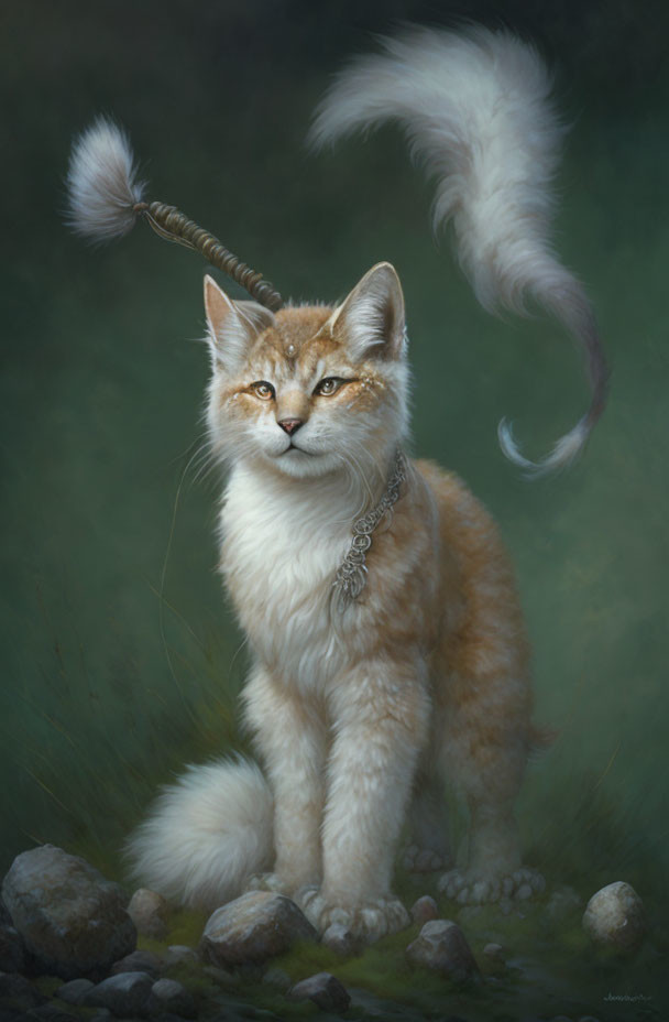 Fantastical feline creature with long, fluffy tail in digital painting