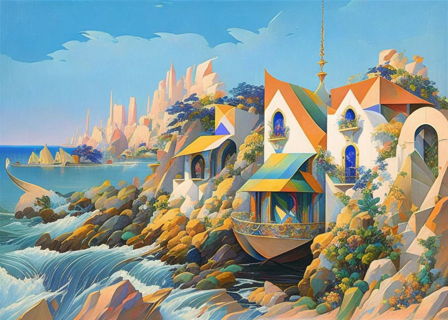 Colorful architectural structures by the sea with boat & whimsical clouds