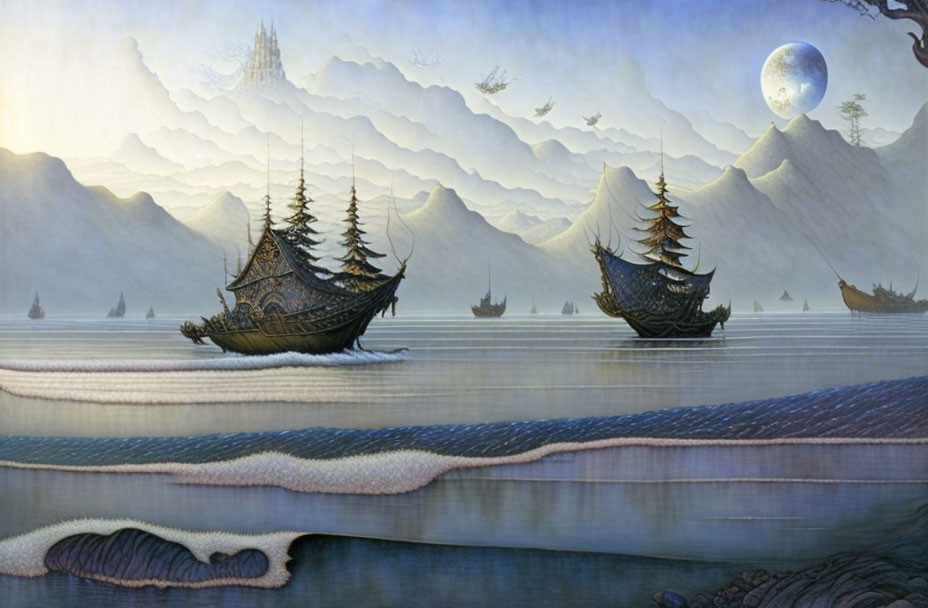 Ethereal landscape with ornate ships, misty mountains, and large moon