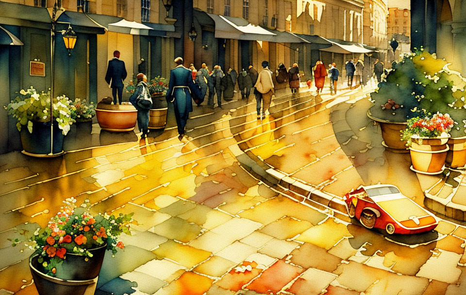 Vibrant artwork: People walking on sunny, flower-lined street