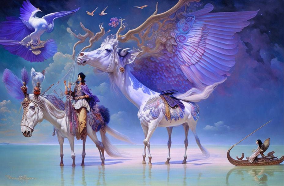 Fantasy artwork: Winged elks, chariot, prince, flying bird, boat, eth