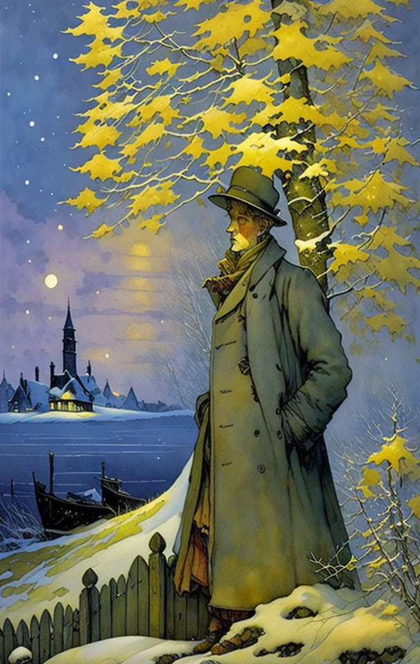 Solitary figure in coat and hat observes wintry village scene at twilight