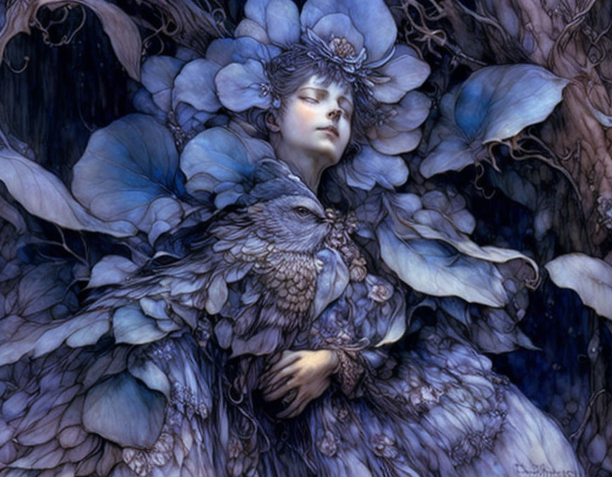 Fantasy Artwork: Woman in Flora Attire with Bird and Blue Petals