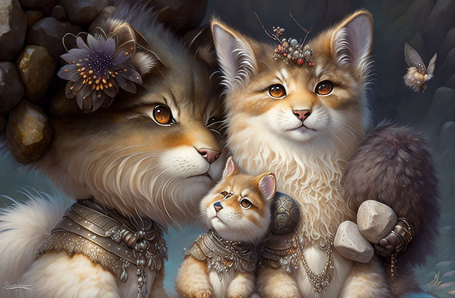 Anthropomorphic cats with jewelry and flowers in whimsical art style