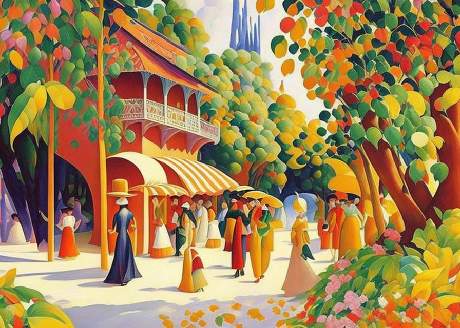 Colorful Painting: People in Traditional Attire by Asian Pavilion