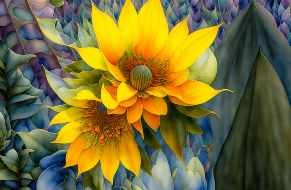 Vibrant sunflower with intricate petals on colorful leafy backdrop