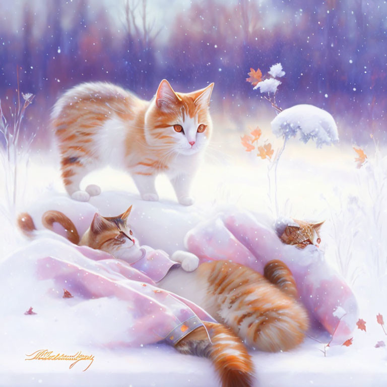 Three orange and white cats in snowy landscape - one alert, one peeking from snow, one playful