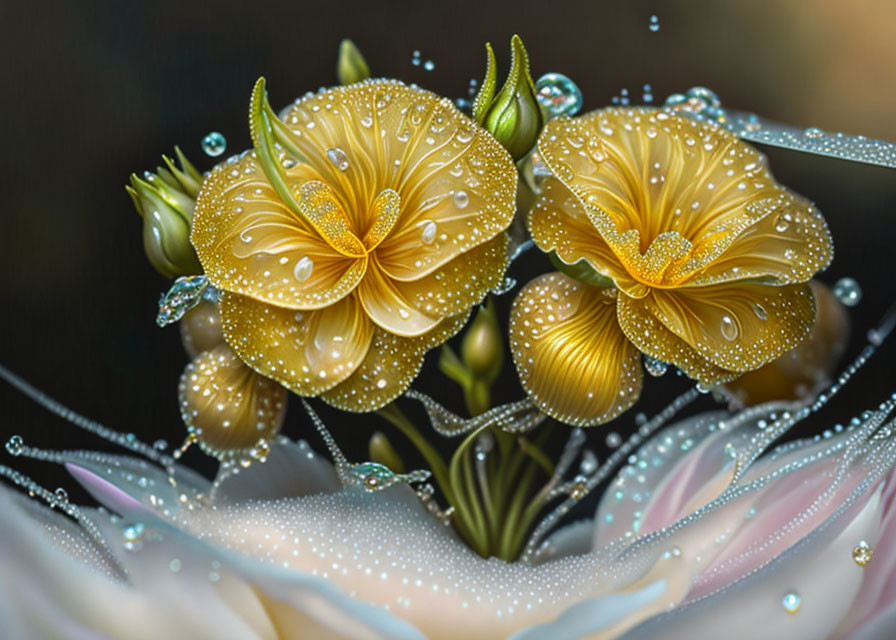 Detailed Yellow Flowers with Water Droplets on Petals