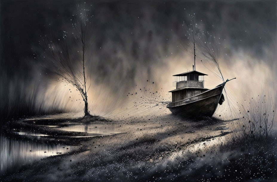 Monochromatic artwork: Solitary boat on desolate shore with twisted trees and specks, som