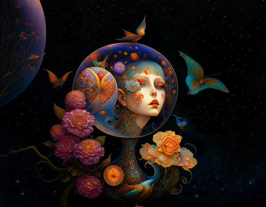 Stylized female figure with moon halo, flowers, butterflies in surreal artwork