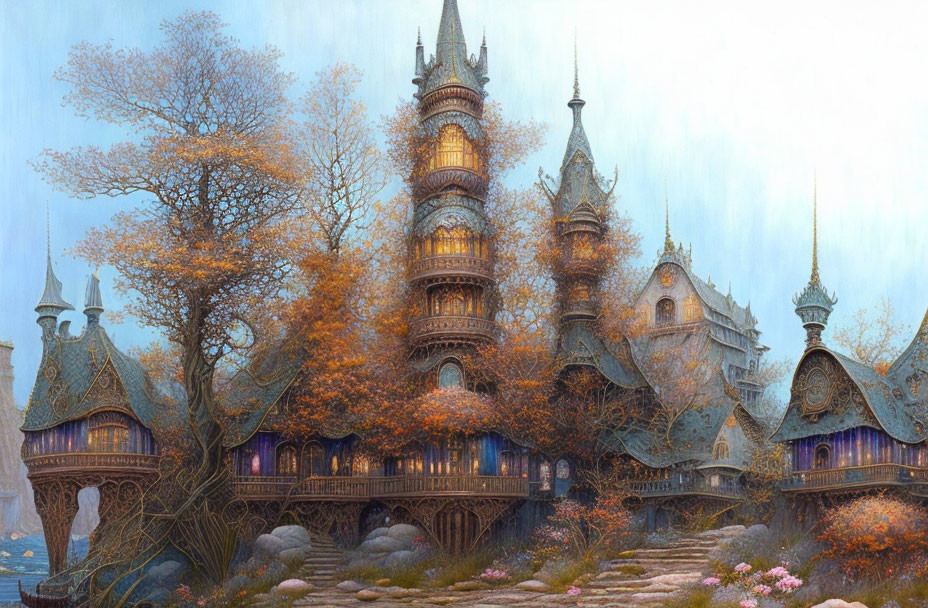 Fantastical castle with spires in autumnal forest and intricate balconies