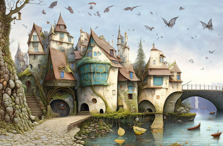 Enchanting fairy-tale village with thatched-roof houses, stone bridges, boats, and