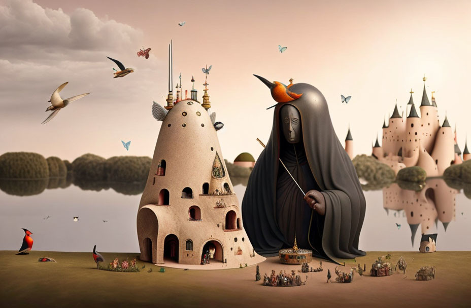 Whimsical illustration of robed figure, animal boats, adobe castle, and flying birds in