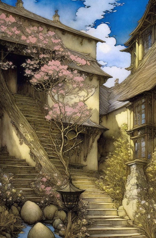 Tranquil scene with traditional houses, cherry tree, stone steps