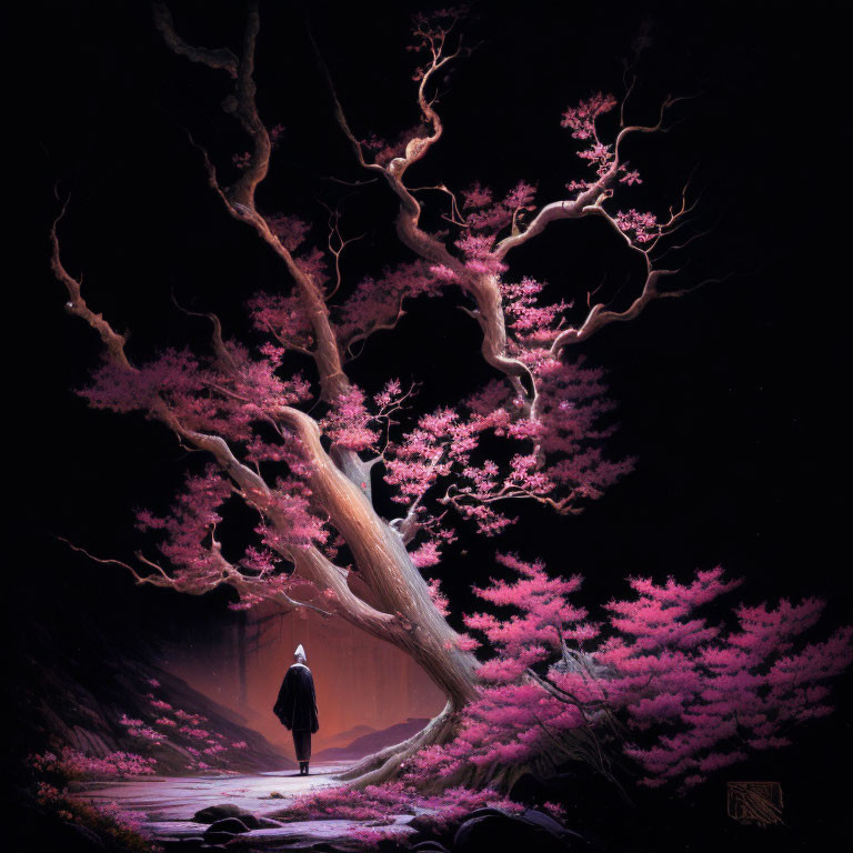 Person standing under large illuminated pink-leaved tree in mystical forest