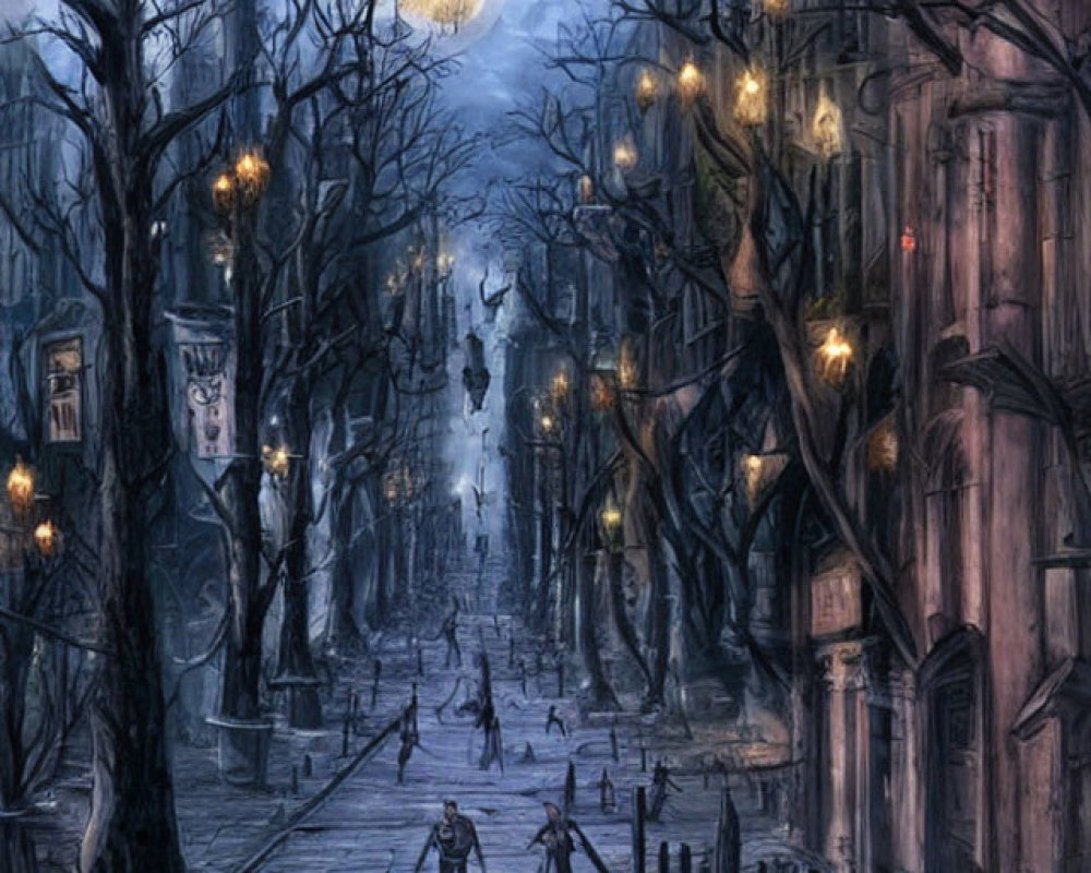 Moonlit cobblestone street with old buildings, leafless trees, and silhouettes of people