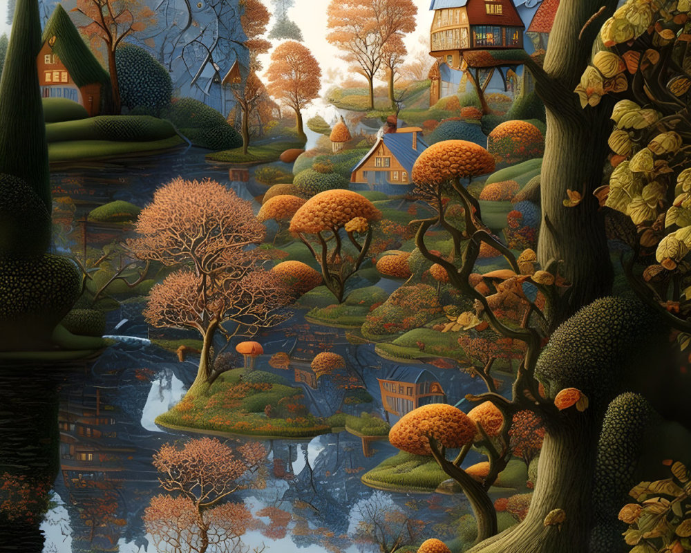 Tranquil autumn landscape with colorful trees and lake