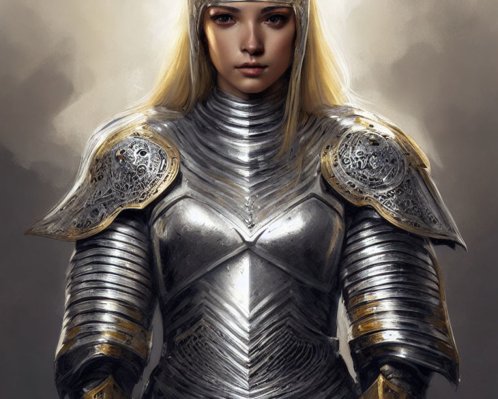 Blonde woman in detailed medieval armor with crested helmet