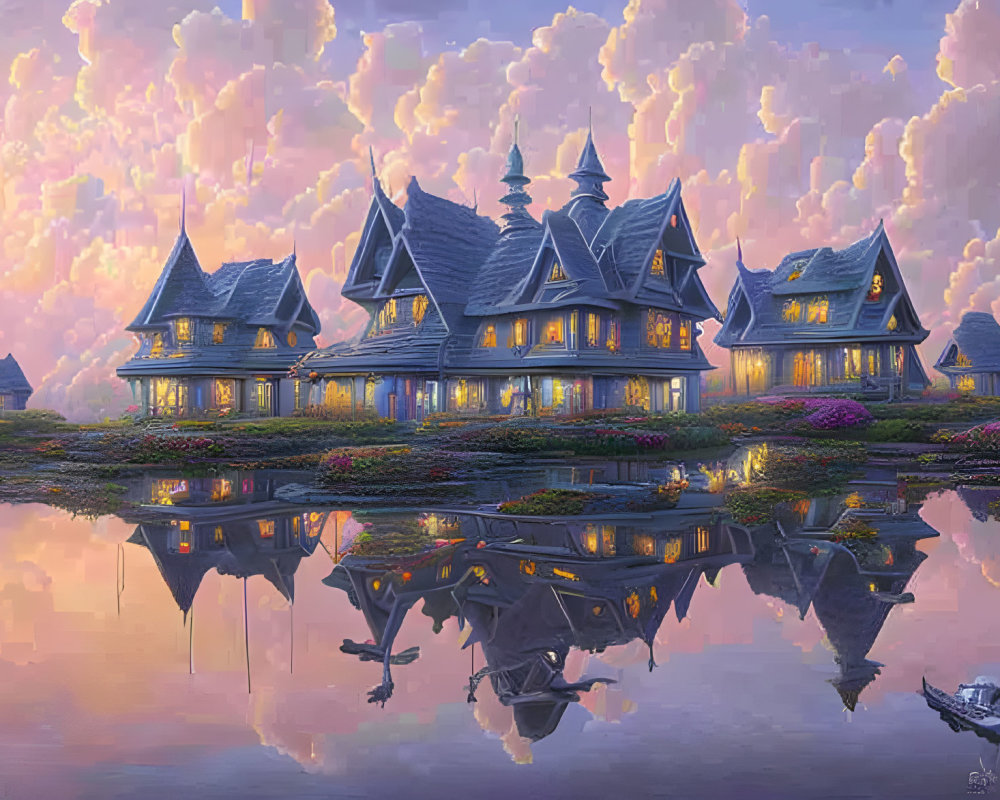 Victorian-style houses with spires reflected in serene lake at twilight