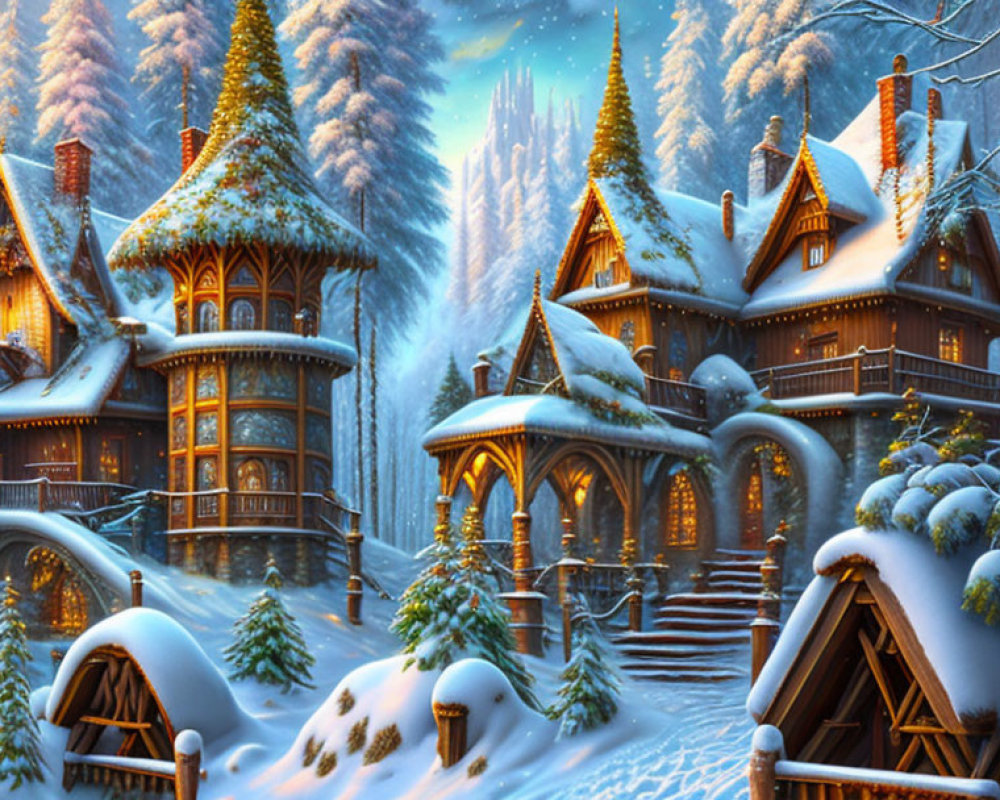 Picturesque Snow-Covered Fantasy Village at Twilight