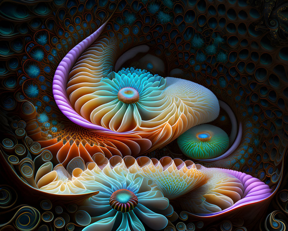 Colorful fractal image with intricate spirals and patterns in blue, orange, and purple.