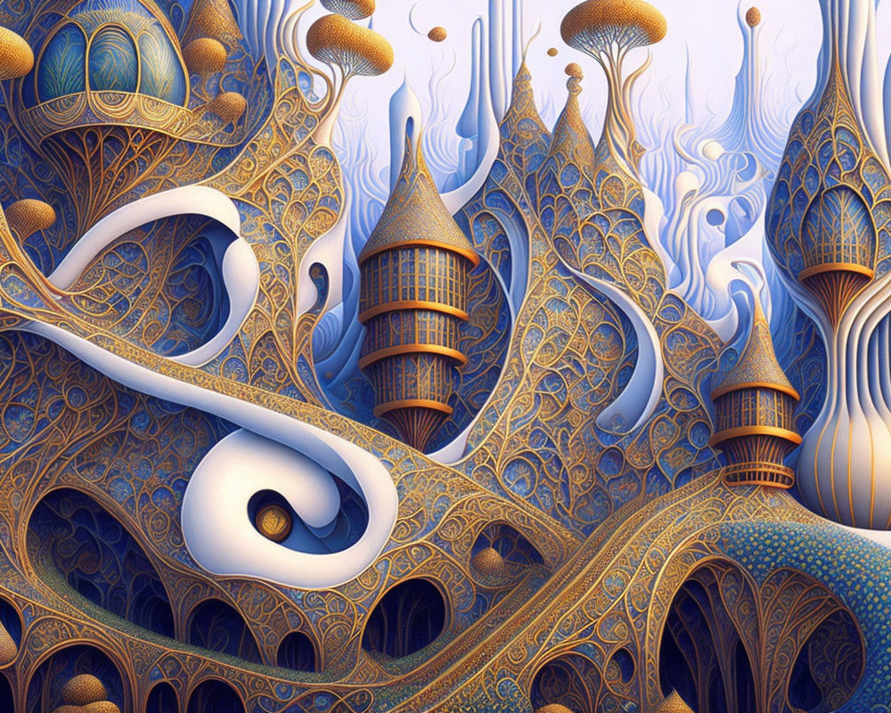 Surrealist digital artwork: ornate fantasy architecture with flowing shapes