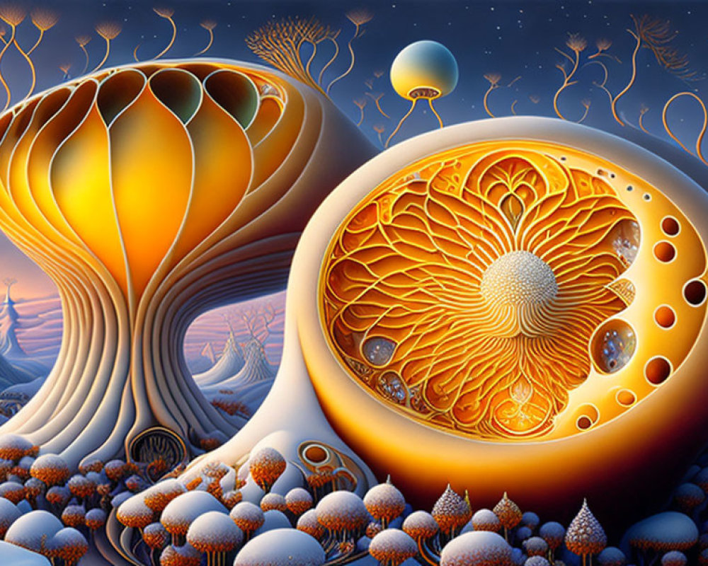 Stylized trees, circular patterns, and floating spheres in surreal twilight landscape