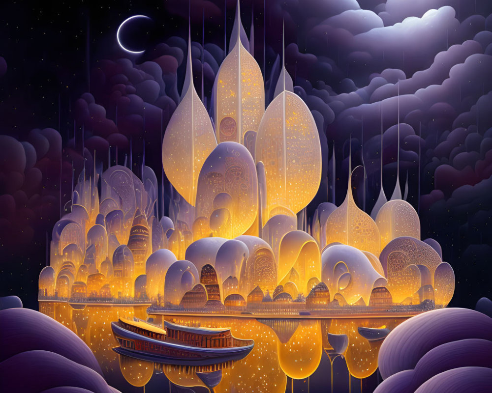 Whimsical floating cityscape under crescent moon