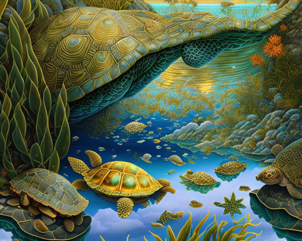 Colorful Underwater Scene with Turtles and Turtle-Shaped Island at Sunset