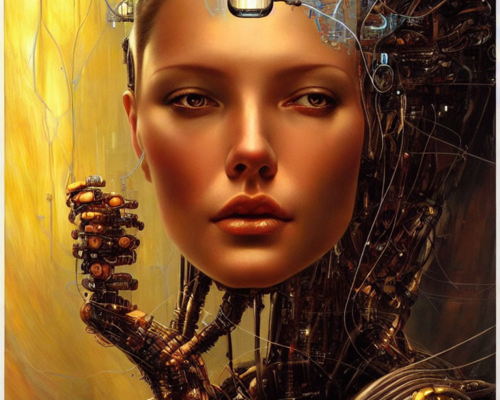 Female android portrait with serene expression and visible mechanical components.