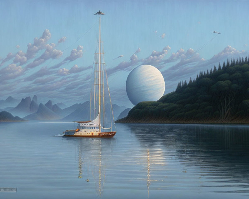 Tranquil landscape with sailboat, planet, mountains, and forest.