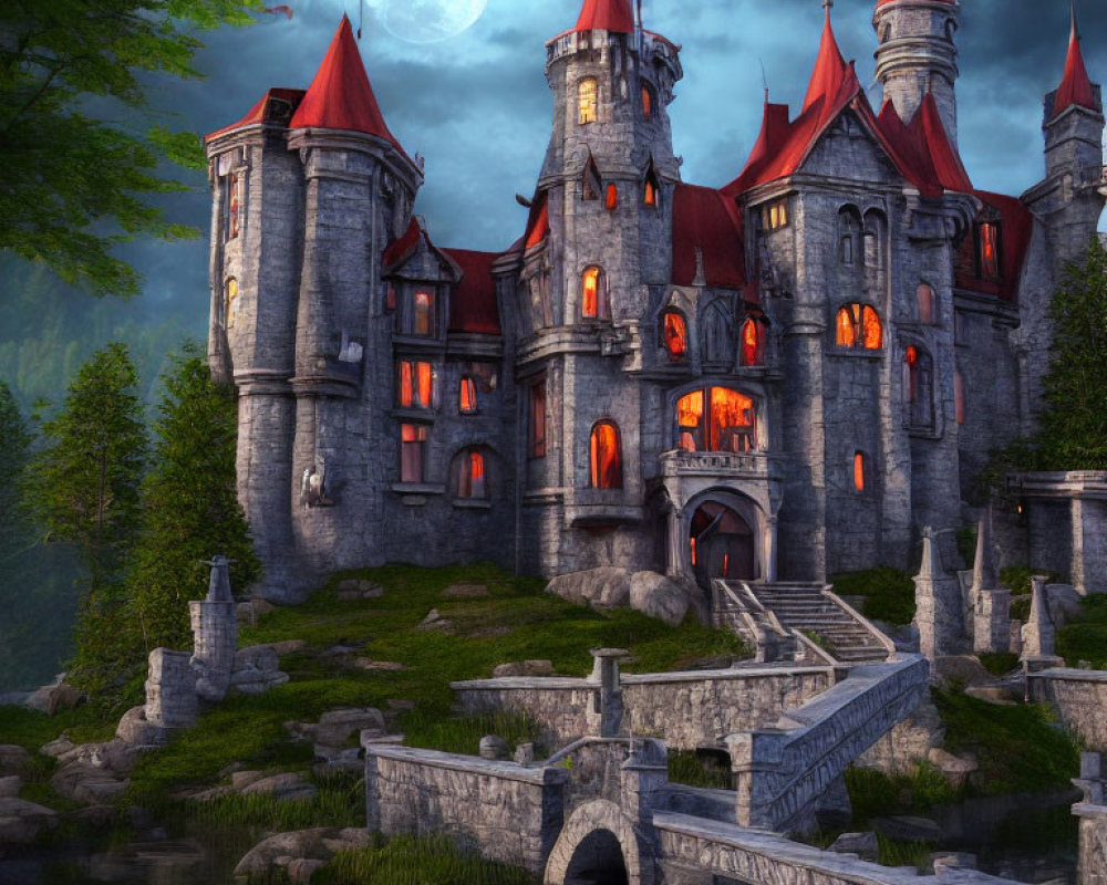 Medieval castle at dusk with illuminated windows in forest setting