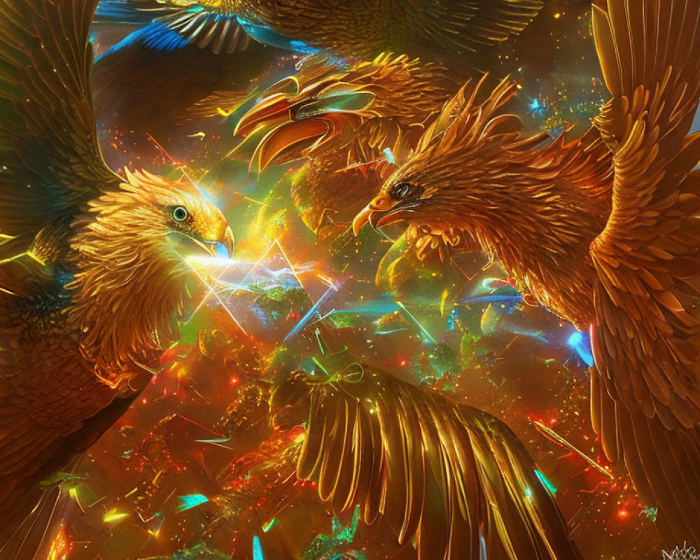 Majestic golden eagles in fierce aerial battle with bright lights